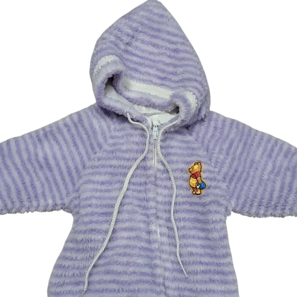 VTG 1983 Winnie The Pooh Purple Striped Infant Newborn Fleece Coverall USA Sears